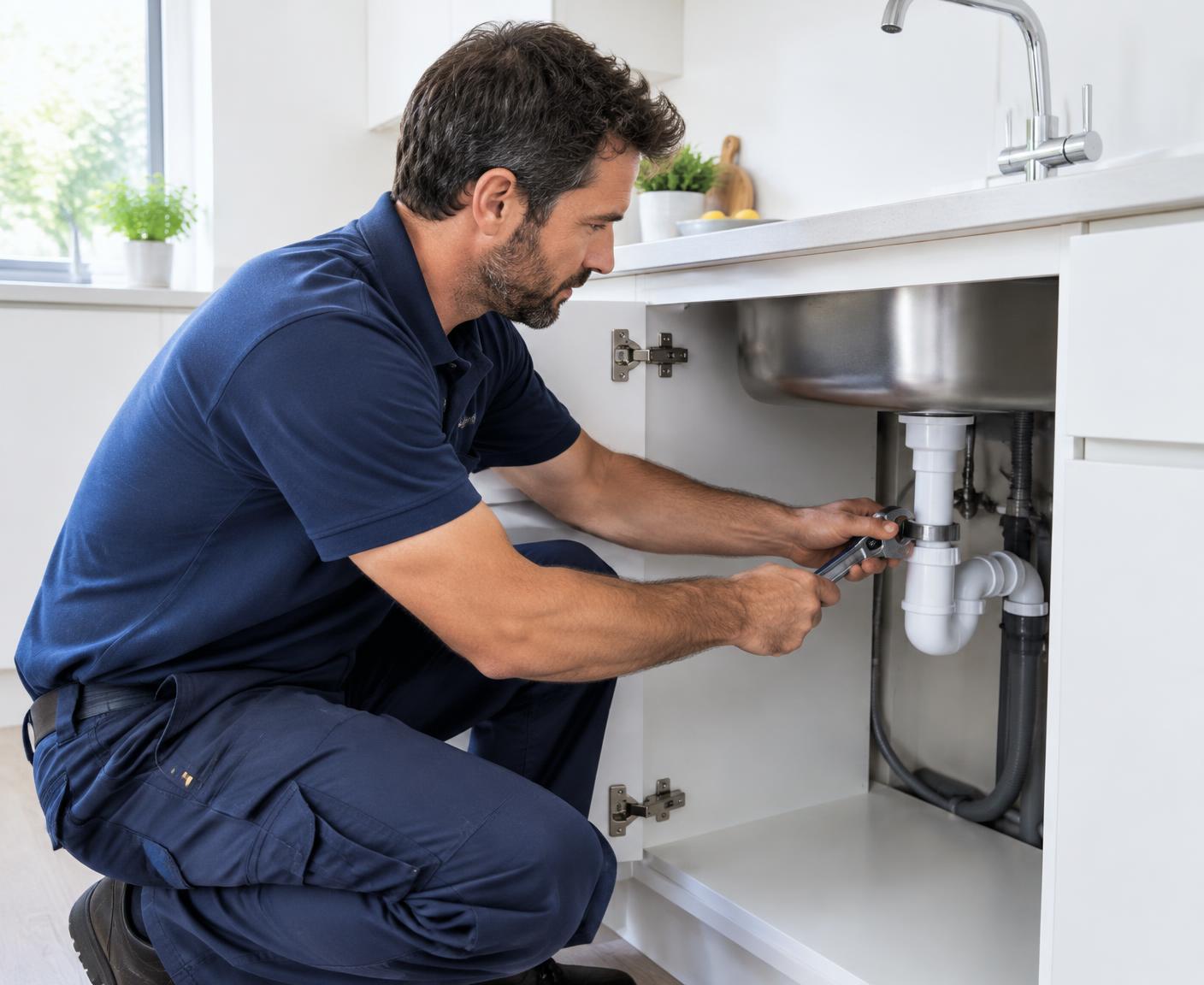 Fontanero 24 horas reparando una fuga de agua bajo el fregadero de una cocina en Xirivella